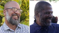 Colin Graham, left, and Tyrone James outside the Kingstown Magistrate's Court on Thursday. (iWN photos)