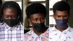 From left, Ozem Oliver, Andreas Bruce, and D’Andre Peters outside the High Court in Kingstown, Oct. 25, 2021 after their sentencing. (iWN photos)