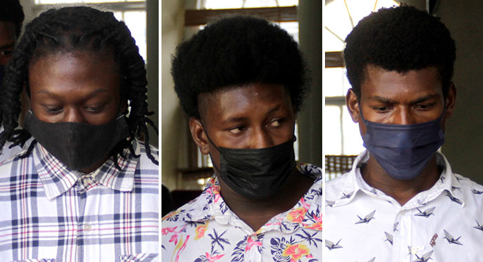 From left, Ozem Oliver, Andreas Bruce, and D’Andre Peters outside the High Court in Kingstown, Oct. 25, 2021 after their sentencing. (iWN photos)