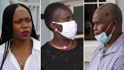 A composite image of Senator Ashelle Morgan, left, Nicole John, centre, and her husband, Cornelius John at the court in Calliaqua on Friday. (iWN photos)