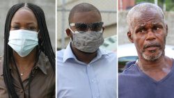 From left: Senator Ashelle Morgan, Assistant Director of Public Prosecution, Karim Nelson, businessman Cornelius John outside the Mesopotamia Magistrate's Court on Friday. (iWN photos)