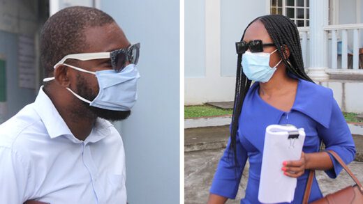 Defendants Karim Nelson, left, and Senator Ashelle Morgan outside the court in Calliaqua on Tuesday. (iWN photos)