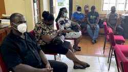 Six of the unvaccinated police officer who were ordered off their jobs attended a press conference in Kingstown on Monday, NOv. 22, 2021. (iWN photo)