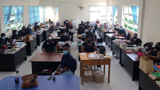 Teachers at West St. George Secondary School during their sit-in on Friday. 