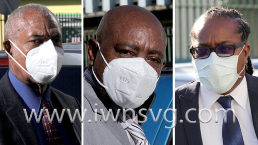Government lawmakers, from left, Deputy Prime Minister Montgomery Daniel, Minister of the Public Service Frederick Stephenson, and Senator Rochard Ballah tested positive for COVID-19 on Wednesday, Jan. 12, 2022. They are photographed here outside Parliament on Monday, Jan. 10, 2022. 
