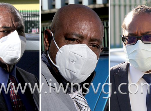 Government lawmakers, from left, Deputy Prime Minister Montgomery Daniel, Minister of the Public Service Frederick Stephenson, and Senator Rochard Ballah tested positive for COVID-19 on Wednesday, Jan. 12, 2022. They are photographed here outside Parliament on Monday, Jan. 10, 2022. 