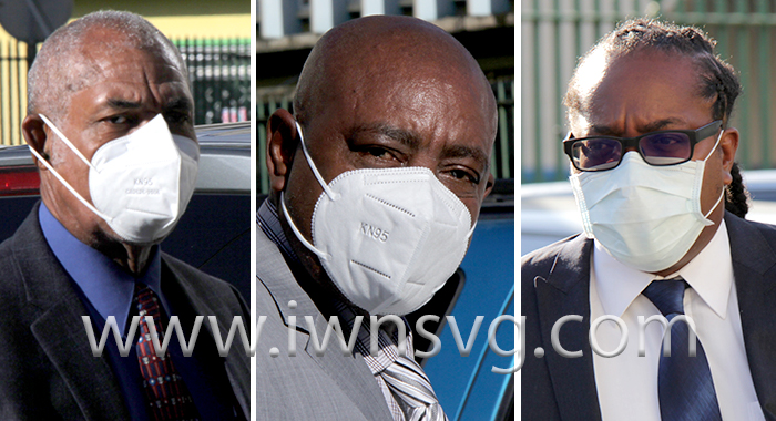 Government lawmakers, from left, Deputy Prime Minister Montgomery Daniel, Minister of the Public Service Frederick Stephenson, and Senator Rochard Ballah tested positive for COVID-19 on Wednesday, Jan. 12, 2022. They are photographed here outside Parliament on Monday, Jan. 10, 2022. 