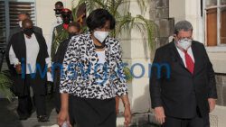 Governor General Dame Susan Dougan, left, Prime Minister Ralph Gonsavles, right, House Speaker Rochelle Forde, centre, and Opposition leader Godwin Friday, rear left, outside Parliament on Monday, Jan. 10, 2022. (iWN photo)