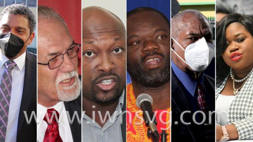 From left: Government ministers Camillo Gonsalves, Julian Francis, Saboto Caesar and Curtis King have tested positive for COVID-19 while Deputy Prime Minister Montgomery Daniel, furthest right, and Senator Kensal Peter, second from right, have ‘a digestion problem”. 