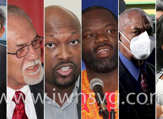 From left: Government ministers Camillo Gonsalves, Julian Francis, Saboto Caesar and Curtis King have tested positive for COVID-19 while Deputy Prime Minister Montgomery Daniel, furthest right, and Senator Kensal Peter, second from right, have ‘a digestion problem”. 