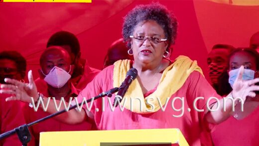 Mia Mottley speaking on Facebook Live after her election in Barbados. 