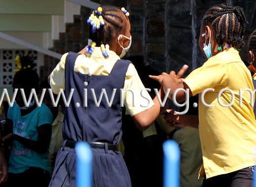 Students at a primary school in St. Vincent play during their lunch break on Tuesday, Jan. 18, 2022. 