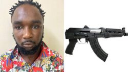 Urhando Rock, left, and an internet photo of the type of firearm he had in his posession.