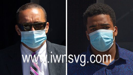 A composite photo of defence counsel, Grant Connell, left, and the virtual complainant, Romell Gibson, outside the Kingstown Magistrate's Court on Tuesday, March 15, 2022.