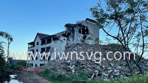 This photo, taken Jan. 13, 2022, shows a building at the former Buccament Bay Resort being demolished to make way for Sandals' Beaches SVG.