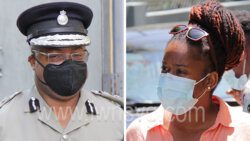 A composite photo of Commissioner of Police Colin John, left, and the accused, Zuleika Lewis outside the Serious Offences Court.