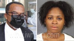 A composite photo of Defence counsel Michael Wyllie, left, as he leaves the High Court on April 8, 2022, and a 2017 police photo of the accused, Twanecia Ollivierre.
