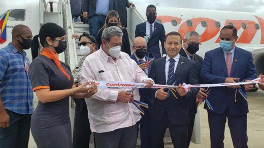 Prime Minister Ralph Gonsalves, centre, at a ceremony at Argyle International Airport to welcome the return of Convisa to St. Vincent on Tuesday, April 26, 2022. (Photo: AIA Inc./Facebook)