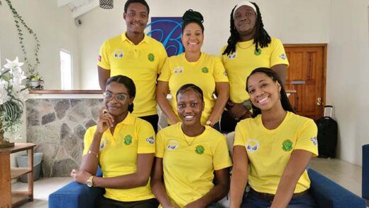 Sitting (from left) debaters Shadyn McLean, Marika Baptiste and Niesha Richards. Standing (from left) debater Junior Primus, B. Tedra Kirby, SVGCC communications & marketing manager and debate head coach) and Utamu Rose, SVGCC lecturer and debate coach. 