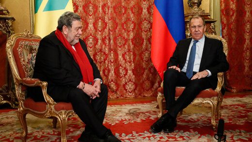 Prime Minister Ralph Gonsalves, left, and Russia's Foreign Affairs Minister, Sergey Lavrov in a photo posted by Ministry of Foreign Affairs of Russia on Twitter on Jan. 20, 2020.