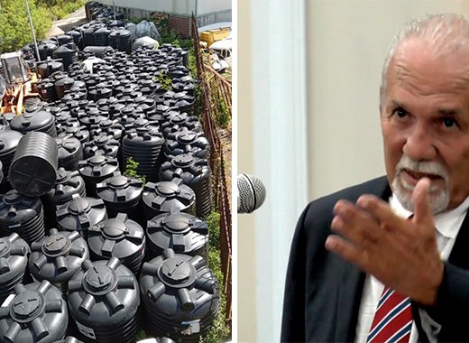 A composite image of the water tanks in Ottley Hall and Sentar Julian Francis speaking in Parliament on Thursday, May 5, 2022.