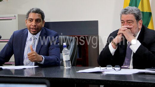 Prime Minister Ralph Gonsalves and his son, Minister of Finance Camillo Gonsalves at a press conference in Kingstown on April 28, 2022. 