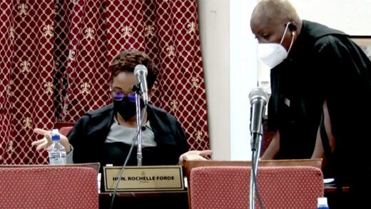 House Speaker Rochelle Forde gestures as she speaks with Clerk, Nicole Herbert immediately before the end of the live broadcast on Thursday, May 5, 2022.