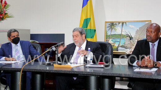 Prime Minister and Political Leader of the Unity Labour Party, Ralph Gonsalves, centre, flanked by Finance Minister, Camillo Gonsalves, left, and Agriculture Minister, Saboto Caesar at an APril 28, 2022 press conference. 
