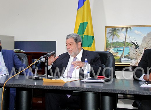 Prime Minister and Political Leader of the Unity Labour Party, Ralph Gonsalves, centre, flanked by Finance Minister, Camillo Gonsalves, left, and Agriculture Minister, Saboto Caesar at an APril 28, 2022 press conference. 