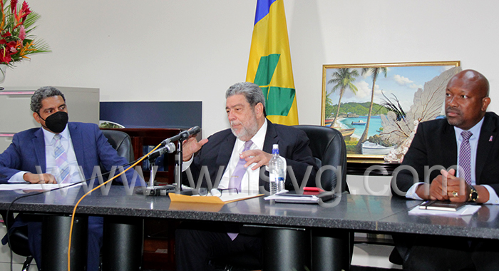 Prime Minister and Political Leader of the Unity Labour Party, Ralph Gonsalves, centre, flanked by Finance Minister, Camillo Gonsalves, left, and Agriculture Minister, Saboto Caesar at an APril 28, 2022 press conference. 