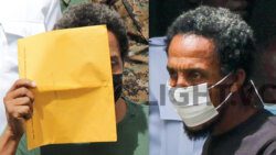 In this composite image, at right, Cassell Lavia uses an envelope to hide his face as he is escorted to prison on Friday, June 3, 2022. He is seen at right in a May 6, 2022 Searchlight.vc photo, after he was convicted of the sex charges.