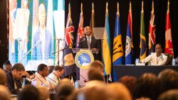 CDB President Hyginus “Gene” Leon addressing the opening of the 52nd annual meeting of the board of directors, on Wednesday. 