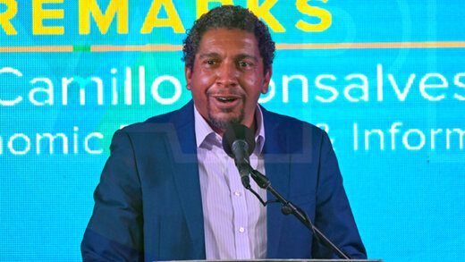 Minister of Finance, Camillo Gonsalves speaking at the opening of Rainforest Seafood SVG Ltd., in Calliaqua on Friday, July 15, 2022. (Photo: API/Facebook)