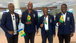 From left, Chinedu “Chinchin” Enemchukwu, Brian Cottle, Oris Robinson and Israel Bruce, of the SVG Chess Federation at Argyle International Airport on Monday.  (Photo: Facebook) 