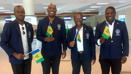 From left, Chinedu “Chinchin” Enemchukwu, Brian Cottle, Oris Robinson and Israel Bruce, of the SVG Chess Federation at Argyle International Airport on Monday.  (Photo: Facebook) 
