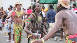 Soca Monarch 2022, Delroy "Fireman" Hooper,  centre among masqueraders in Kingstown during Mardi Gras on July 5, 2022.