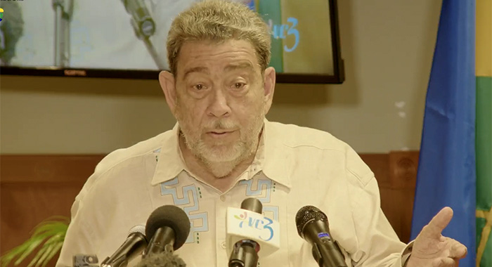 Prime Minister Ralph Gonsalves speaking at the press conference on Thursday, July 28, 2022.