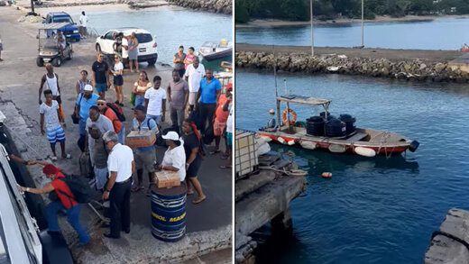 Passengers board a ferry from the condemned wharf in Canoun (left) as the vessel cannot dock alongside the temporary wharf. (Photos: Radio Grenadines)