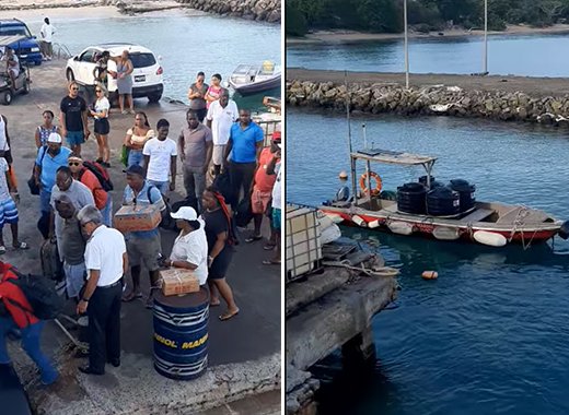 Passengers board a ferry from the condemned wharf in Canoun (left) as the vessel cannot dock alongside the temporary wharf. (Photos: Radio Grenadines)