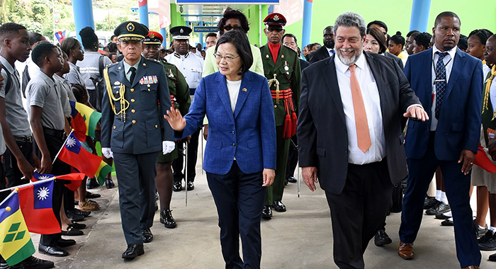 Prime Minister of St. Vincent and the Grenadines, Ralph Gonsalves, left, and President of Taiwan, Tsai Ing-wen during Tsai's official visit to SVG on July 16, 2019. (Photo: Lance Neverson/Facebook) 
