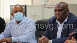 Minister of Health, Jimmy Prince, left, and Permanent Secretary in the Ministry of Health Cuthbert Knights at the press conference in Kingstown on Tuesday, Aug. 9, 2022. 
