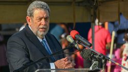 Prime Minister Ralph Gonsalves addressing the passing out parade in Kingstown on Thursday, Aug. 18, 2022.