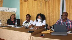President of the Public Service Union, Elroy Boucher, left, and other members of his executive at the press conference in Kingstown on Tuesday, Aug. 9, 2022.