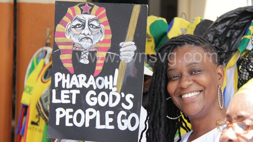 A dismissed teacher at the protest in Kingstown on Thursday, Aug. 18, 2022.