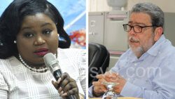 Senator Keisal Peters, left, (file photo by Lance Neverson and Prime Minister Ralph Gonsalves speaking at the press conference on Tuesday, Aug. 16, 2022.