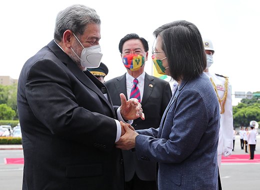 Taiwan says the support of its allies, such as St. Vincent and the Grenadines, is important. 
Prime Minister of St. Vincent and the Grenadines, Ralph Gonsalves, left, Taiwan’s Minister of Foreign Affairs Joseph Wu, centre, and Taiwan President, Tsai Ing-Wen, in Taipei in August. (Photo: Taiwan Ministry of Foreign Affair/Twitter) 