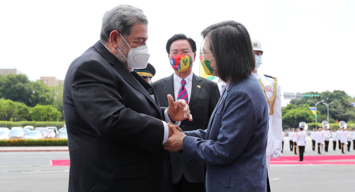 Taiwan says the support of its allies, such as St. Vincent and the Grenadines, is important. 
Prime Minister of St. Vincent and the Grenadines, Ralph Gonsalves, left, Taiwan’s Minister of Foreign Affairs Joseph Wu, centre, and Taiwan President, Tsai Ing-Wen, in Taipei in August. (Photo: Taiwan Ministry of Foreign Affair/Twitter) 