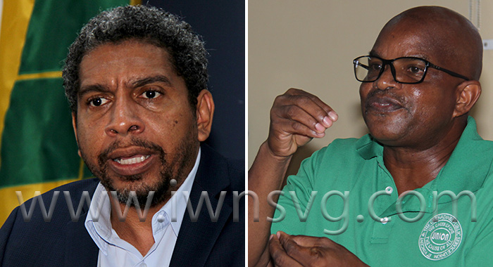 Minister of Finance, Camillo Gonsalves, left, and President of the Public Service Union Elroy Boucher speaking at their respective press conferences last week. 