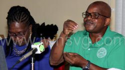 President of the Public Service Union, Elroy Boucher, right, at the press conference in Kingstown on Sept. 19, 2022. The union's 1st Vice President, Gweneth Baptiste-Stoddard, is at left.