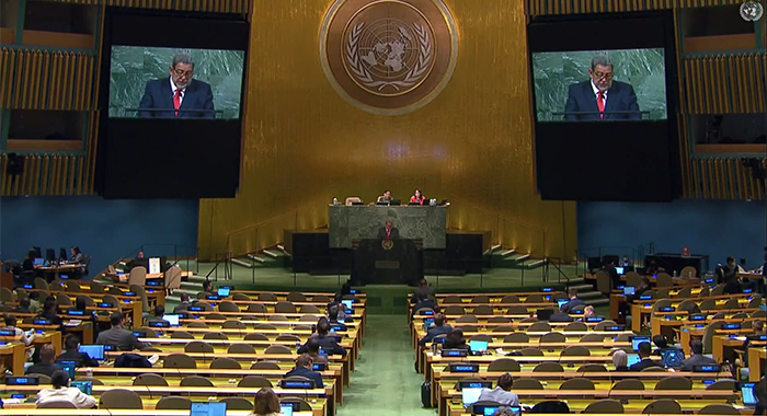 Prime MInister Ralph Gonsalves addresses the UN General Assembly on Saturday, Sept. 24, 2022.